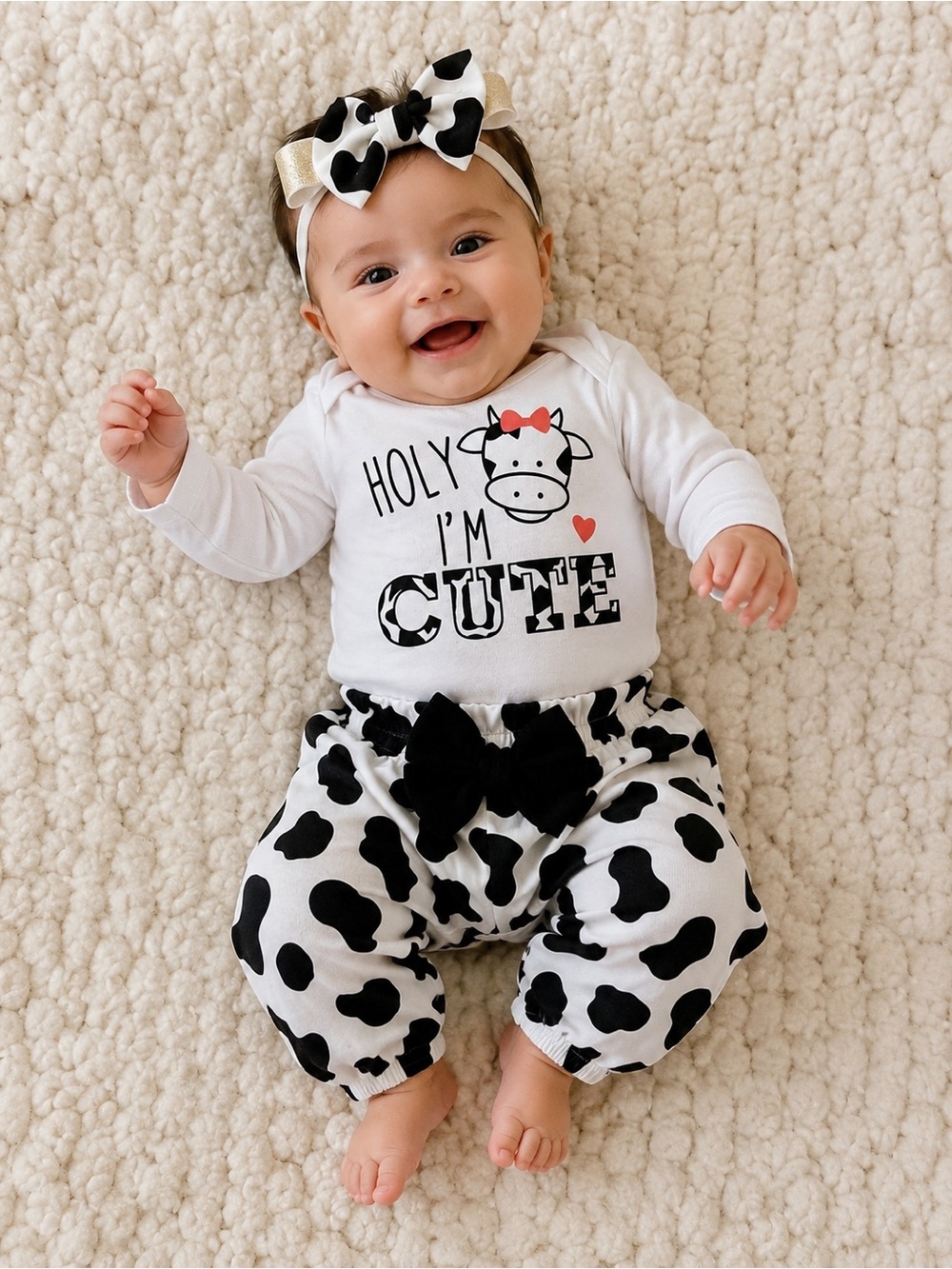 PatPat “Holy I’m Cute” Cow Print 3-Piece Outfit Set | Size 3–6 Months | NWT